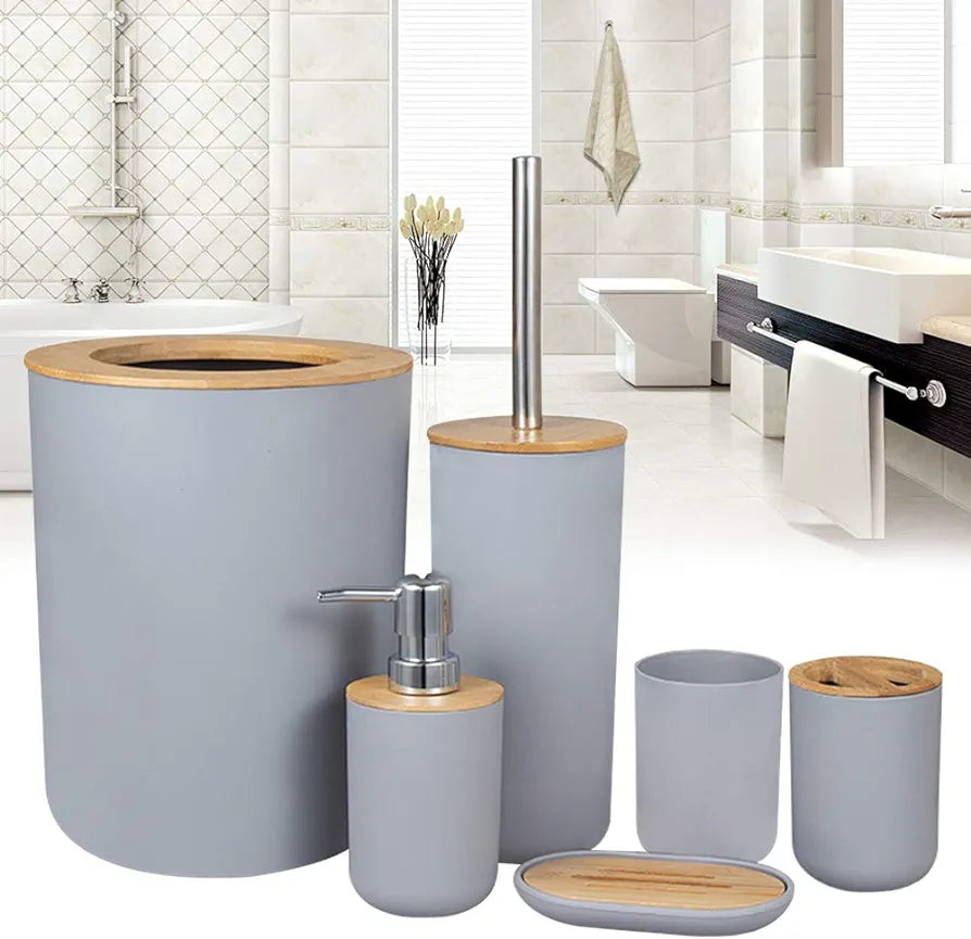 6 Piece Bathroom Accessories Set Luxury Eco Series with Wooden Lid