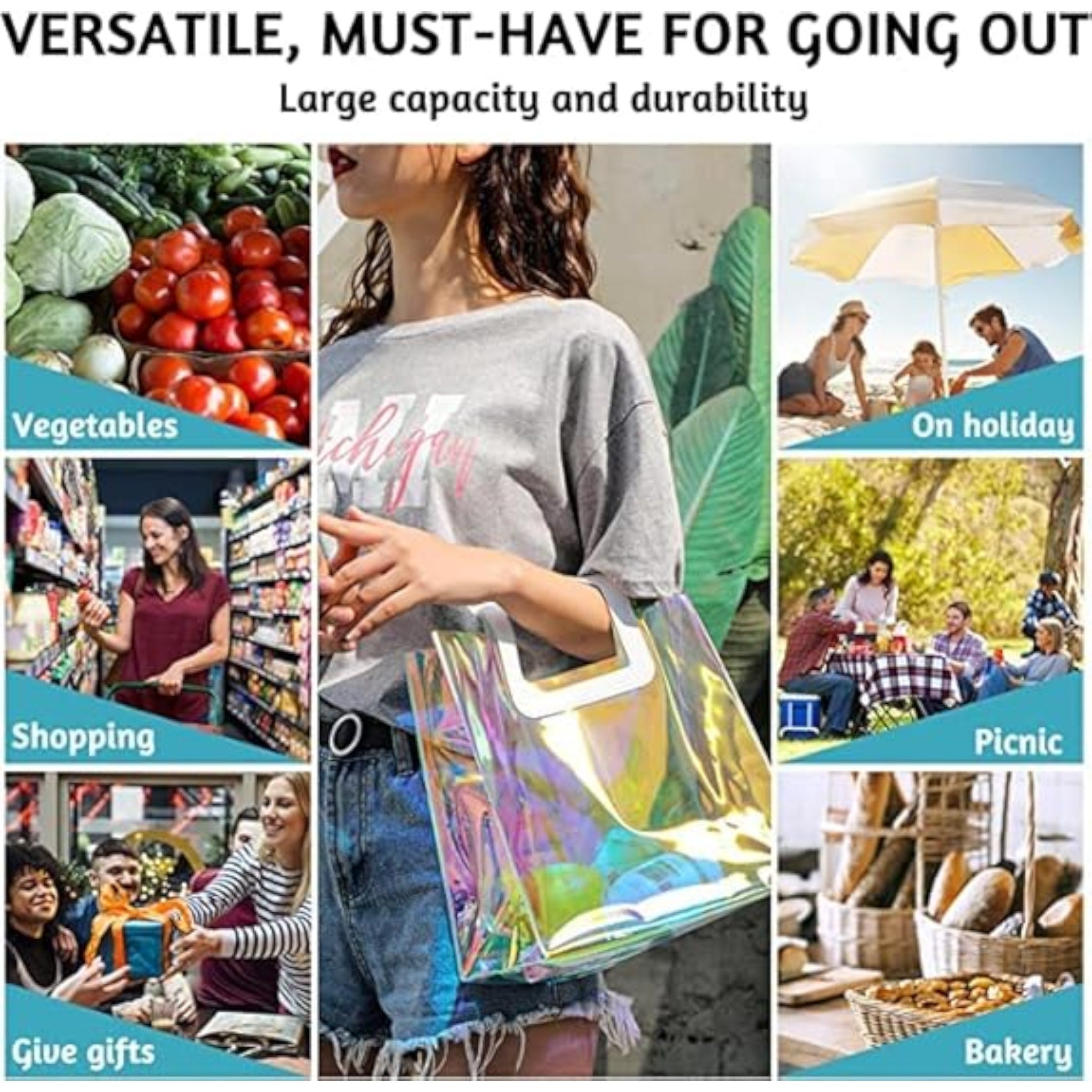 PVC Gift Bags with Square Handle - Iridescent Tote Bags Glossy Favor Bags 17x19cm