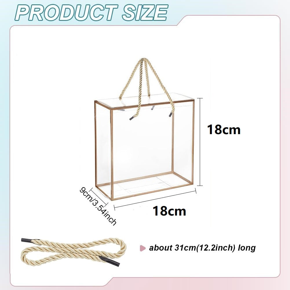 PVC Gift Box Silver Bordered with Rope String Handle 18x18x9cm Transparent