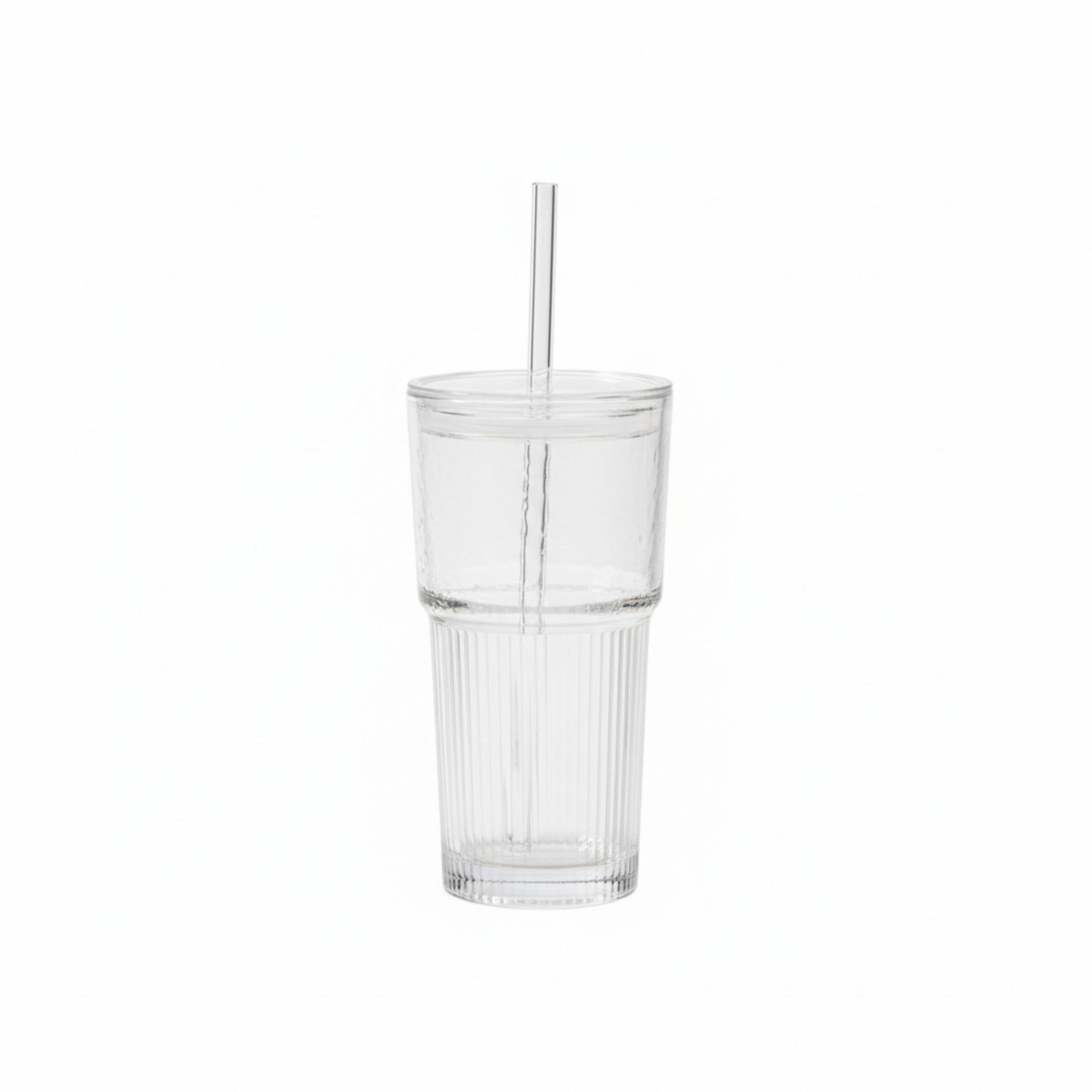 Ribbed Glass Drinking Tumbler 600mlwith Plastic Lid & Glass Straw  8.5x17cm 1pc