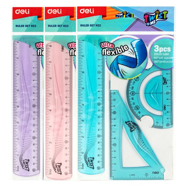 Deli Maths Set 3pc Set 20cm Ruler-Square-Protractor