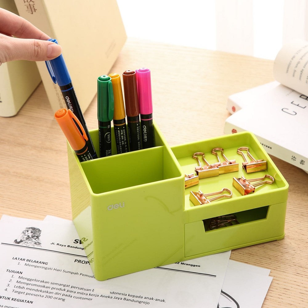 Deli Desk Organizer 1-Drawer 3 -Compartment 175x90x92mm PVC Green