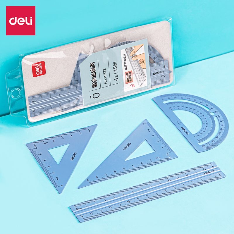 Deli Metal Maths Set 4pc 15cm Ruler 2 set Square and Protractor