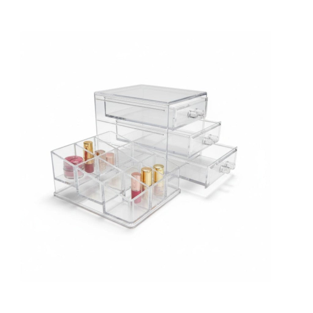 Modern Makeup Cosmetic Organizer Box Stackable with  3 Drawer Set - Clear Plastic