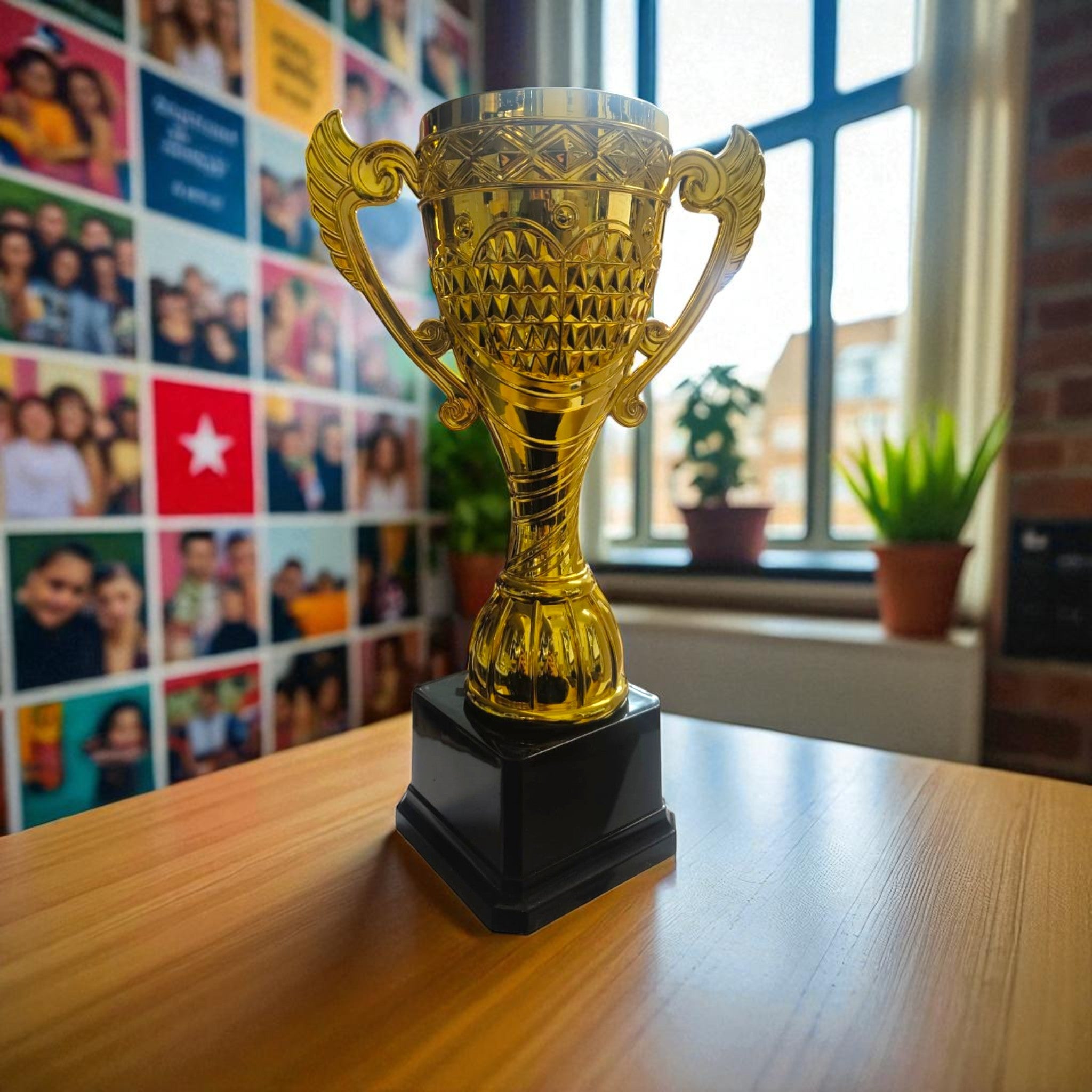 Gold Plastic Trophy with Black Base Ribbon 31cm