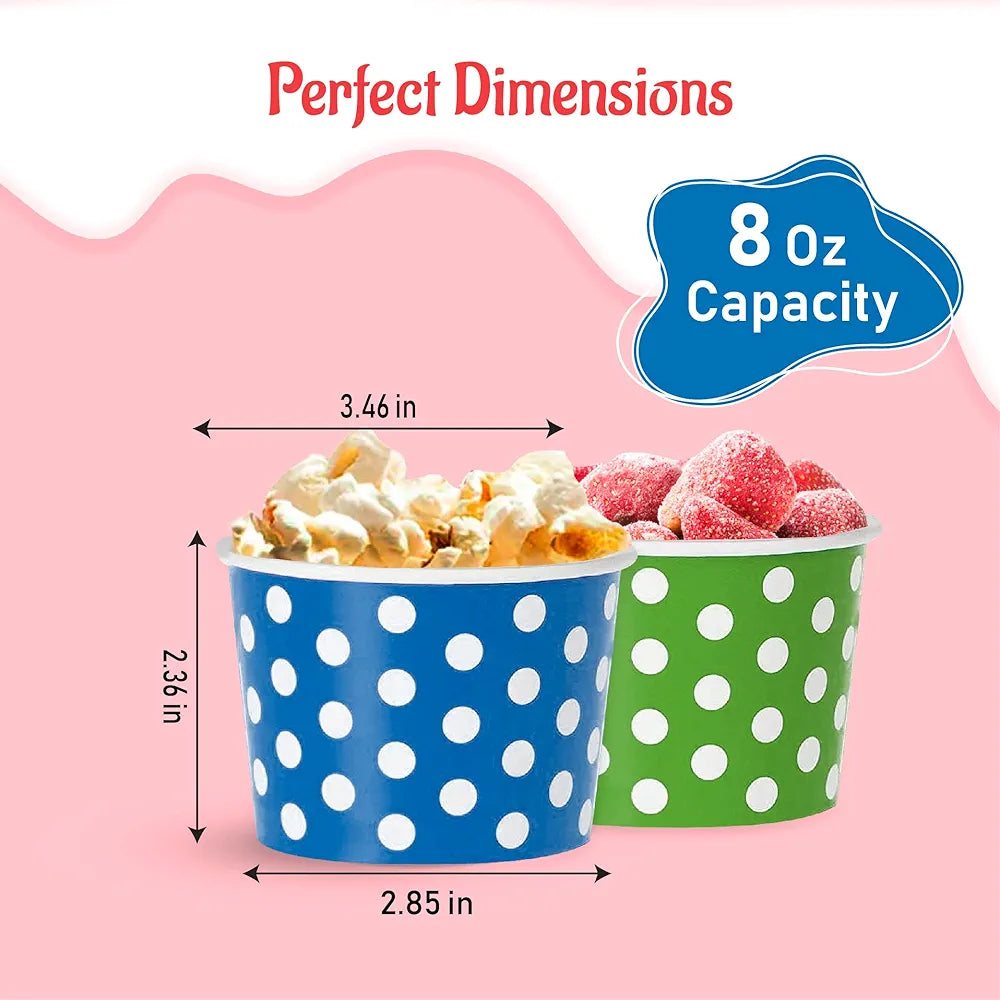 Ice Cream Paper Cups 180ml Polka Dot with Wooden Spoon 6pack