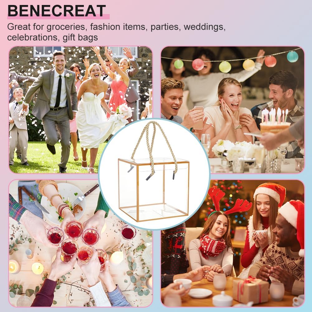 PVC Gift Box Gold Bordered with Rope String Handle 12x12x12cm Transparent