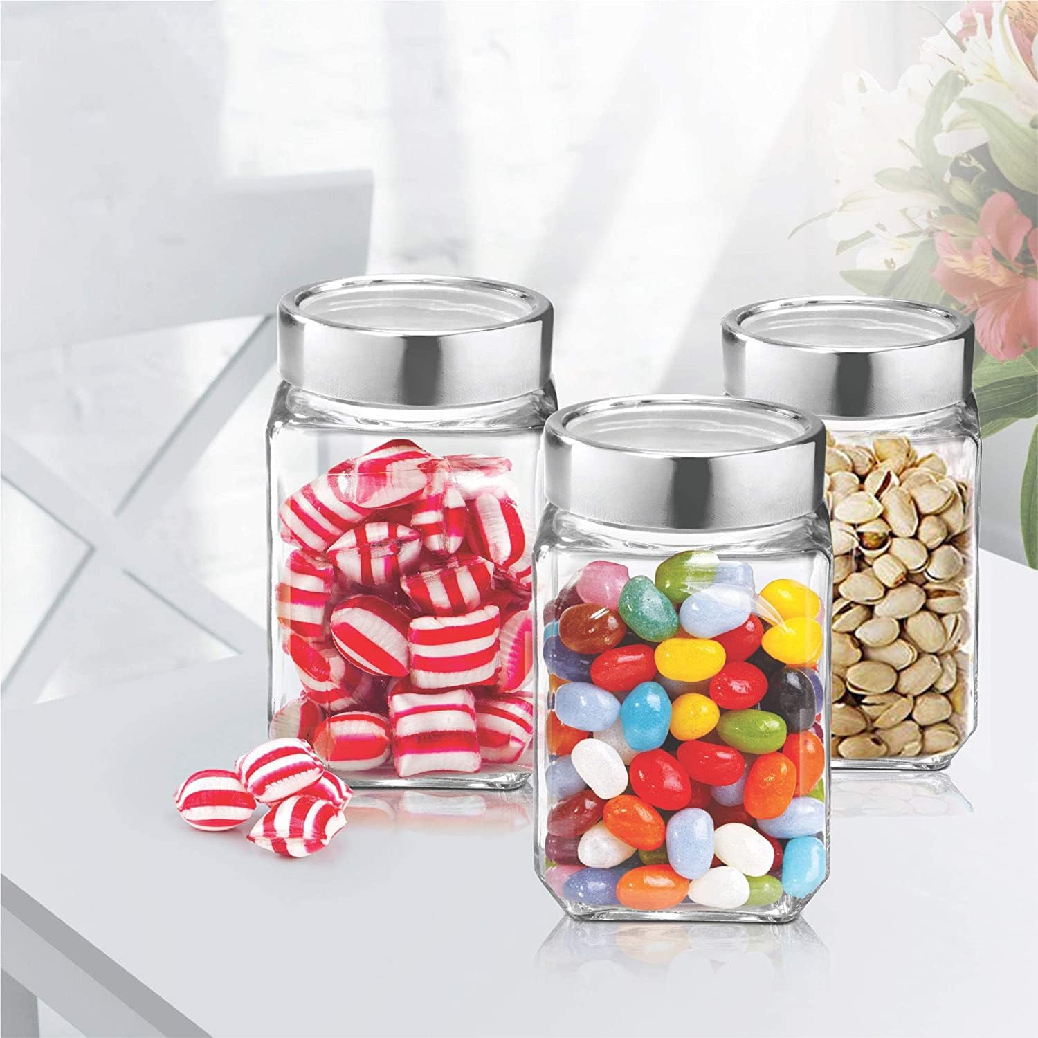 Glass Storage Jar Canister with Silver Lid 3pc Set