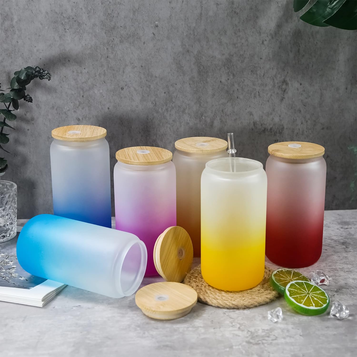 Glass Drinking Can Bottle 480ml Frosted Color Gradient with Bamboo Lid and Borosilicate Straw 7.5x15cm