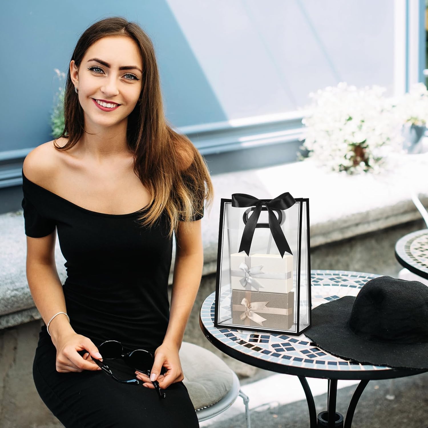 PVC Boutique Gift Shopping Bag with Color Border & Die Cut Handle 18x26x8cm