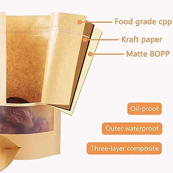 Kraft Pouch Bag Zip Lock Resealable Stand Bag with Window Brown 280mic 12pack