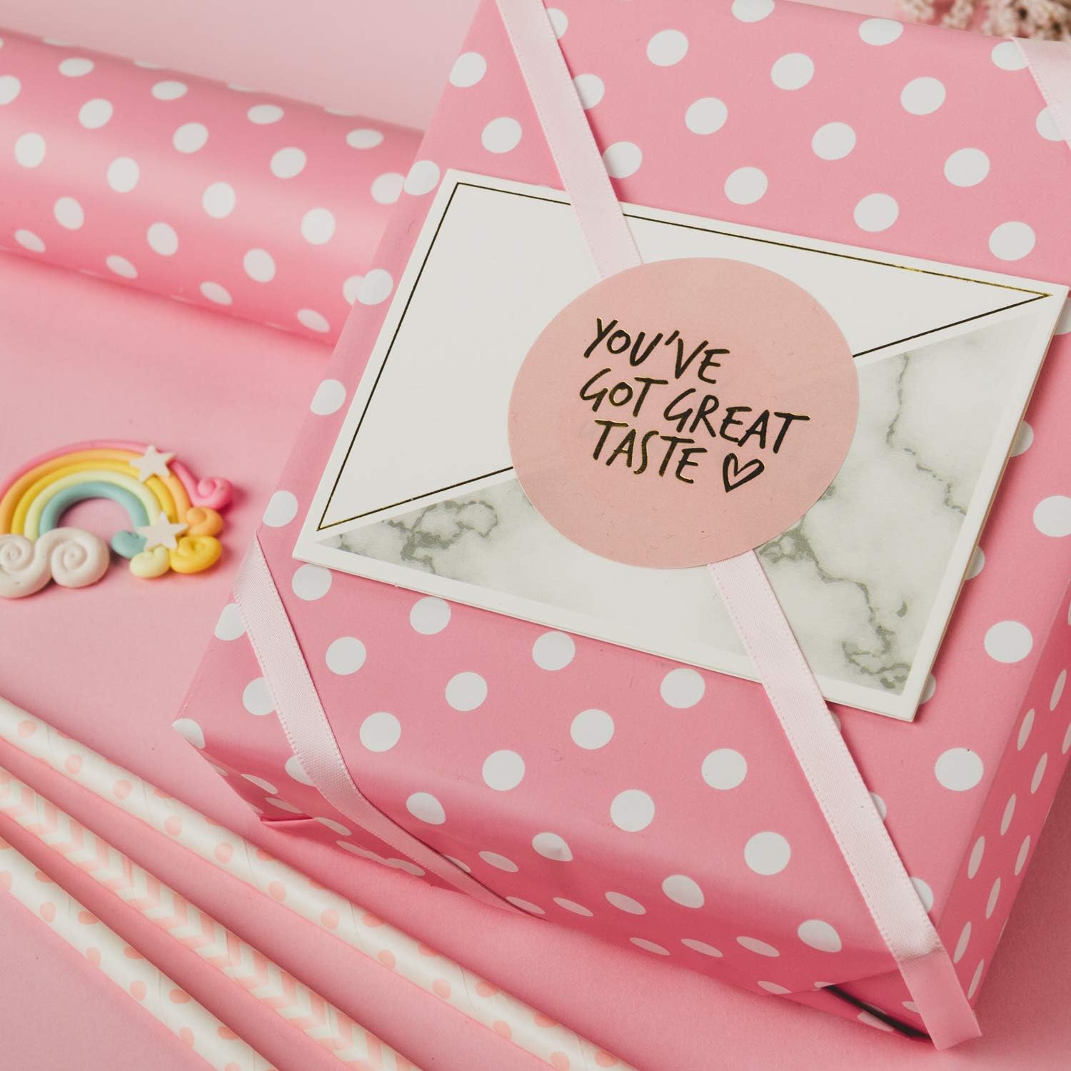 Gift Wrapping Counter Roll Gloss Polka Dots Pink with White Dot 80gsm 490mmx100Mtr