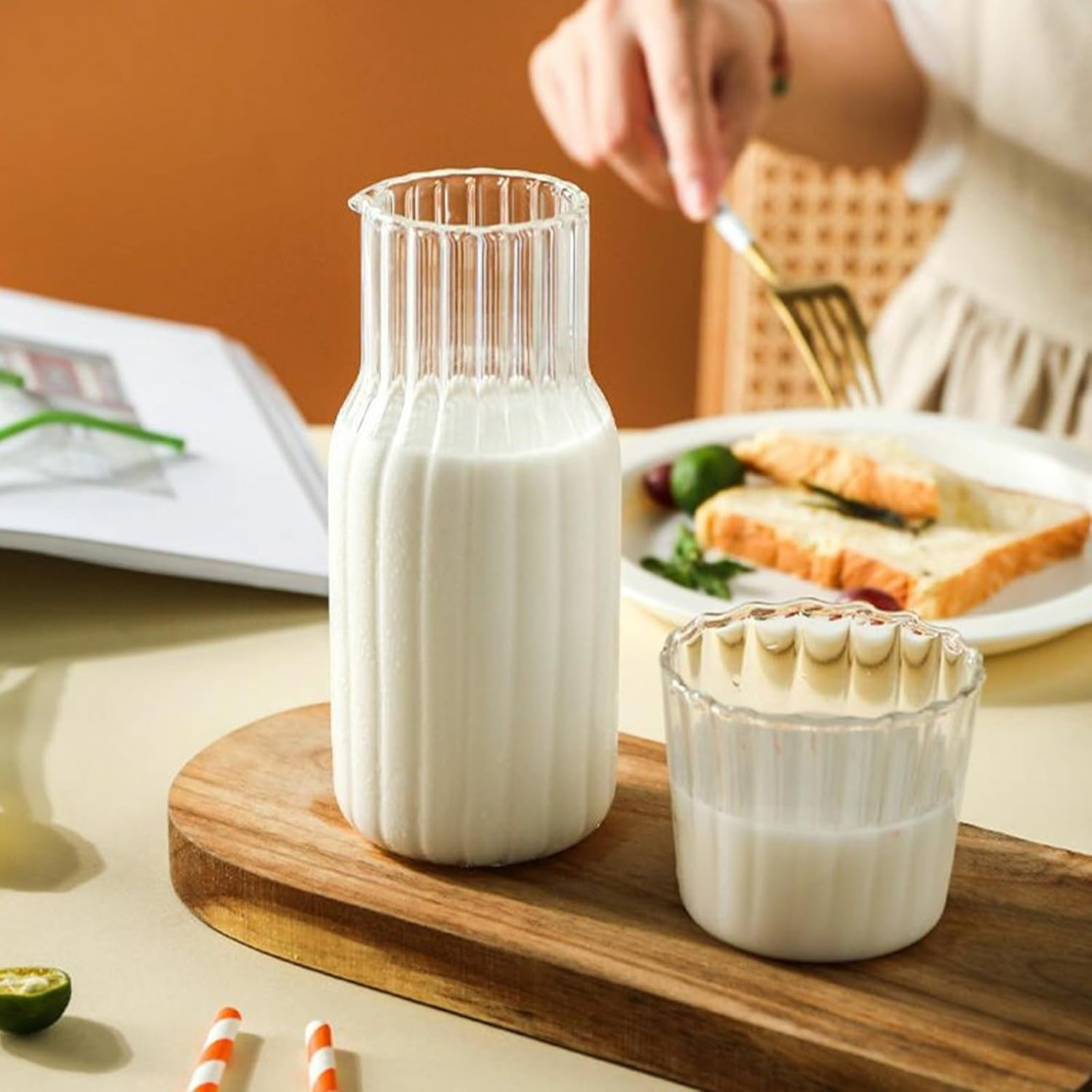 Premium Borosilicate Ribbed Glass Carafe with Matching Cup 2pc Set