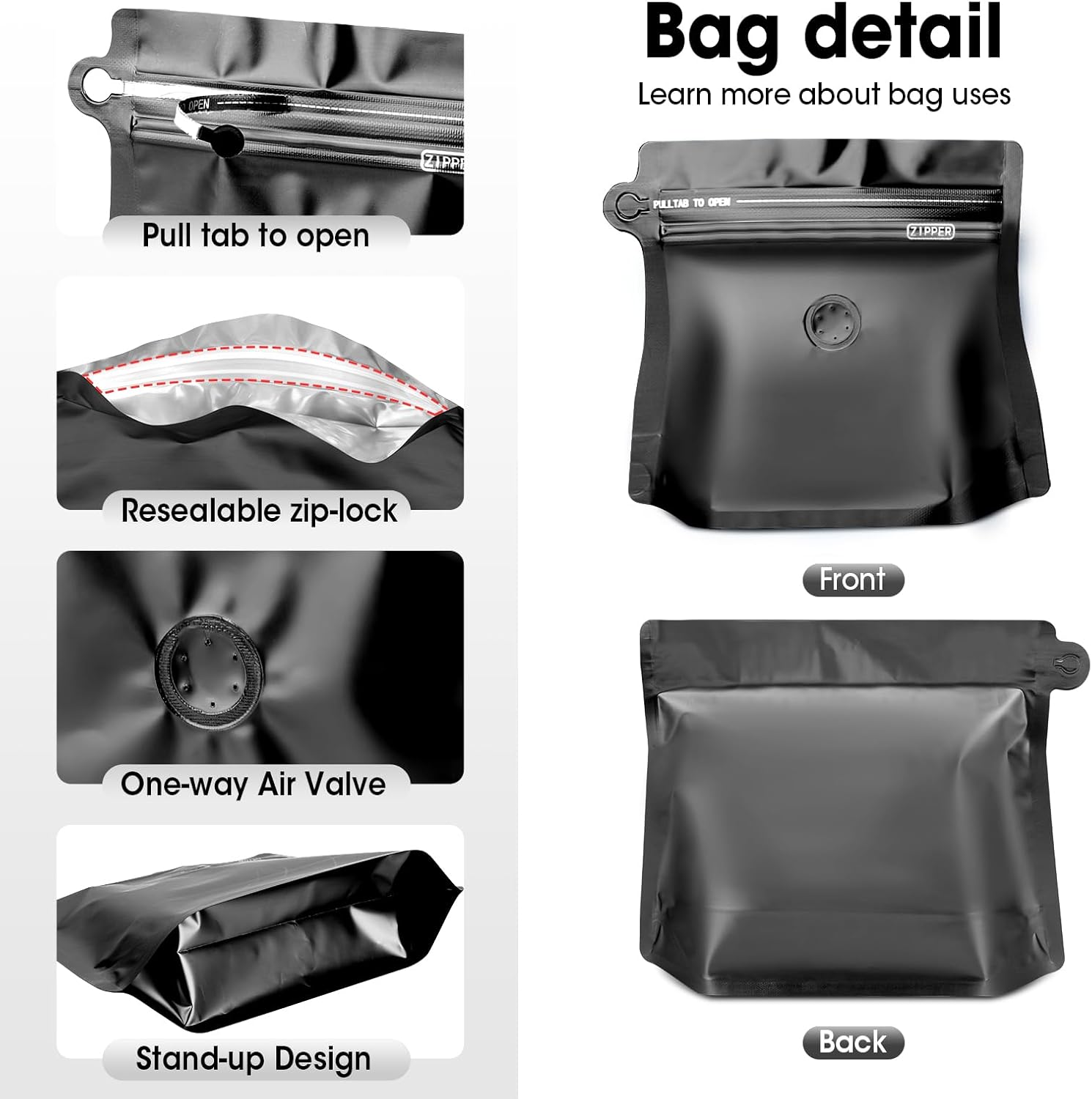 Aluminium Metalized Stand-up Damond Coffee Bean Pouch Bag - Vacuum Seal Pull-tab with Air Valve Resealable 10Pack