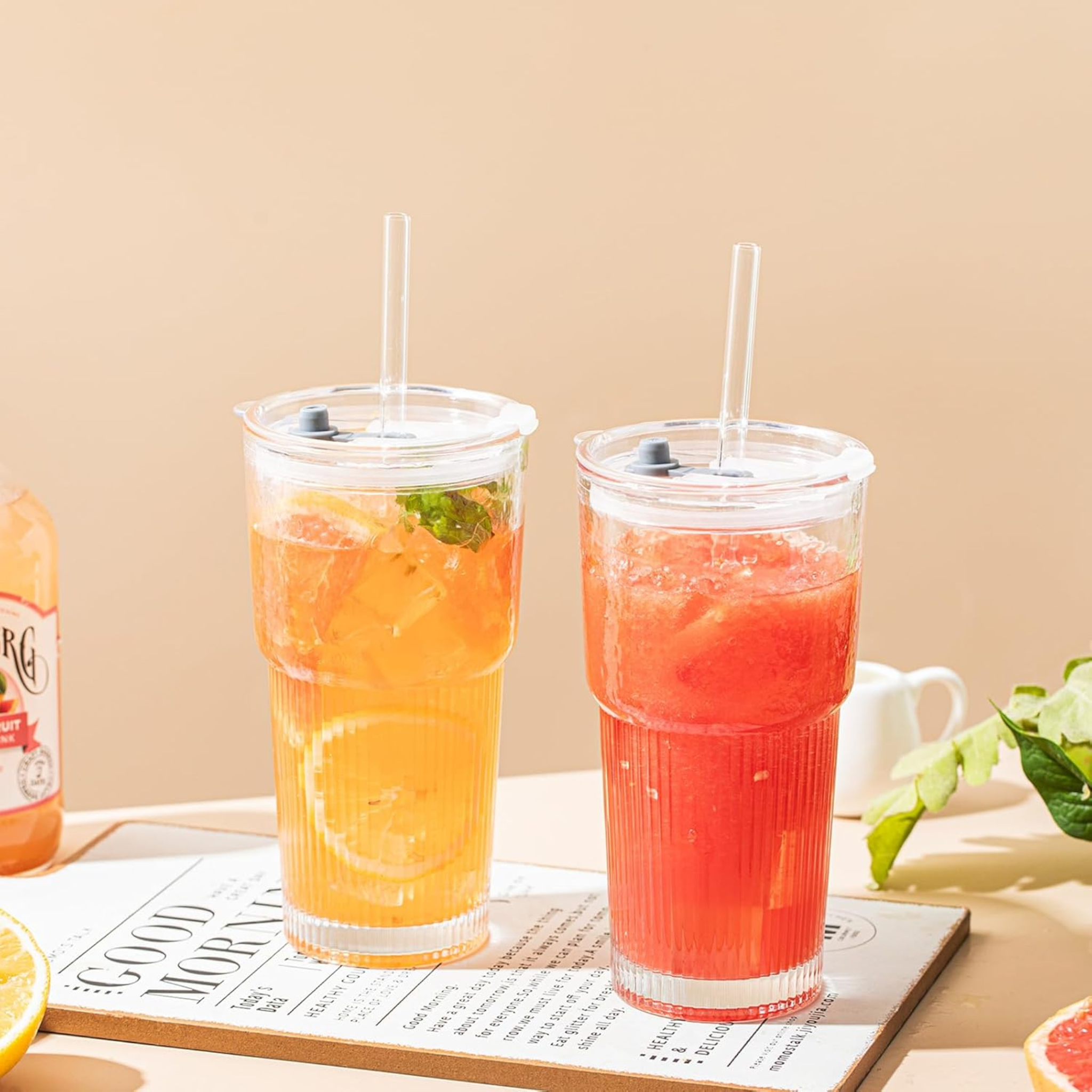 Ribbed Glass Drinking Tumbler 600mlwith Plastic Lid & Glass Straw  8.5x17cm 1pc