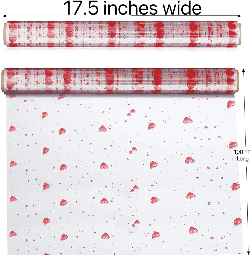 Cellophane Gift Wrap Roll Clear 50cmx2m with Red Hearts Print