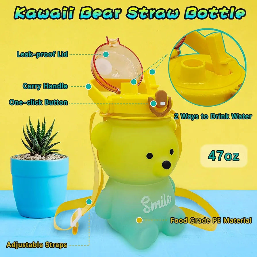 Bear Shaped Water Bottle with Built-In Straw and Carry Strap - 1.3L 2-Tone