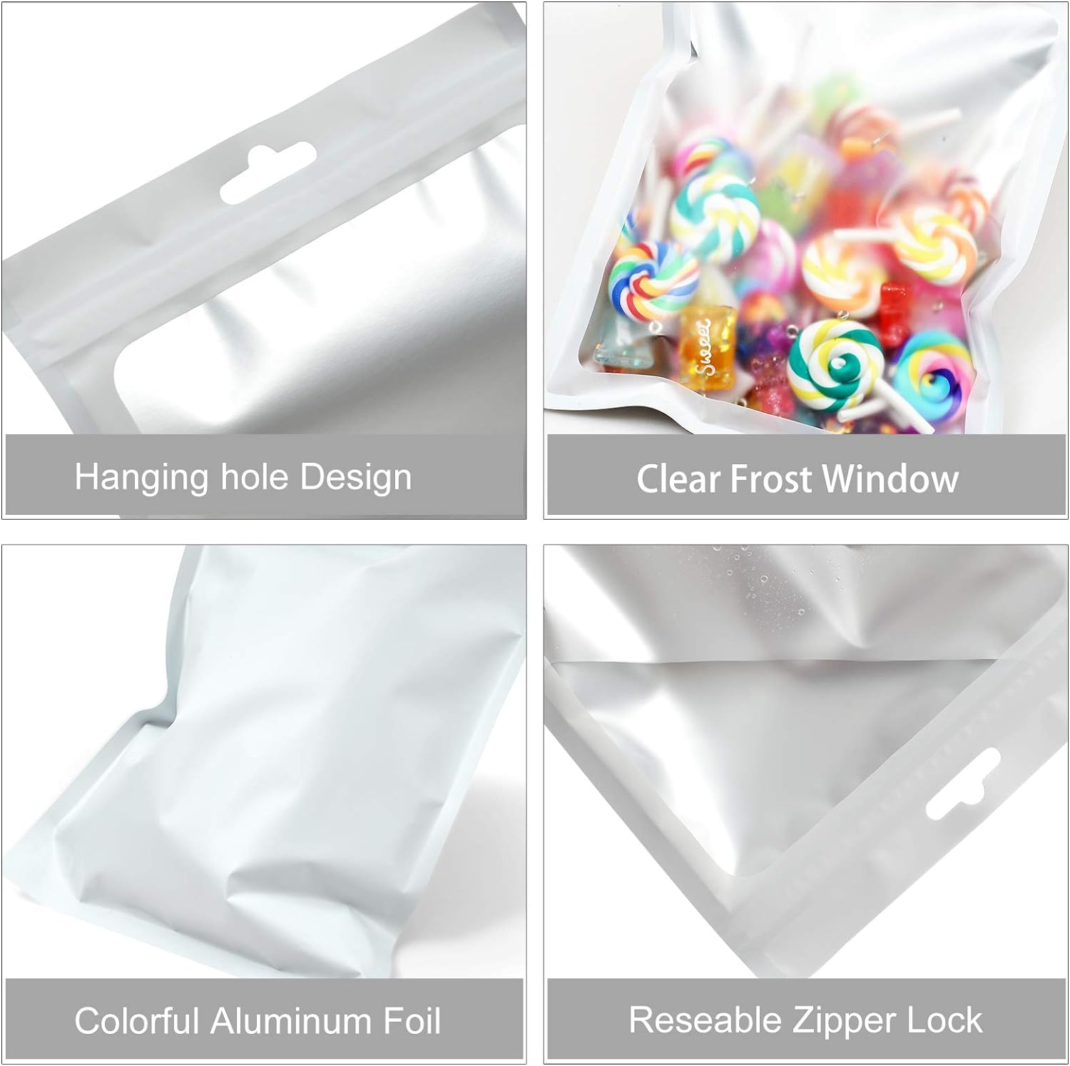 Resealable Mylar Pouch Bags Full Window Display with Euro Loop Punch Hanging Hole 10pack