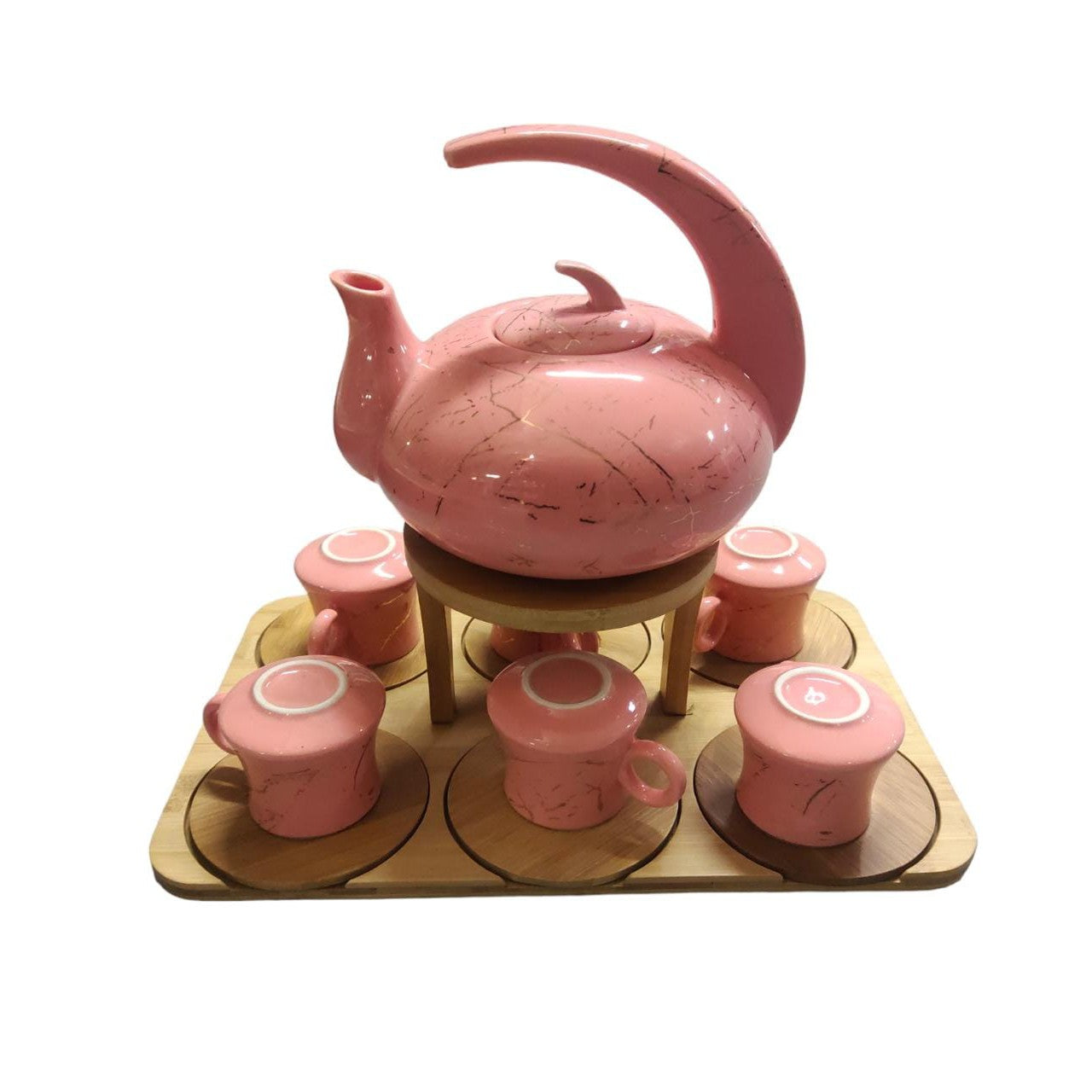 Chinese Ceramic Tea Set  Kettle Cup & Saucer and Tray 14pc Set Pink