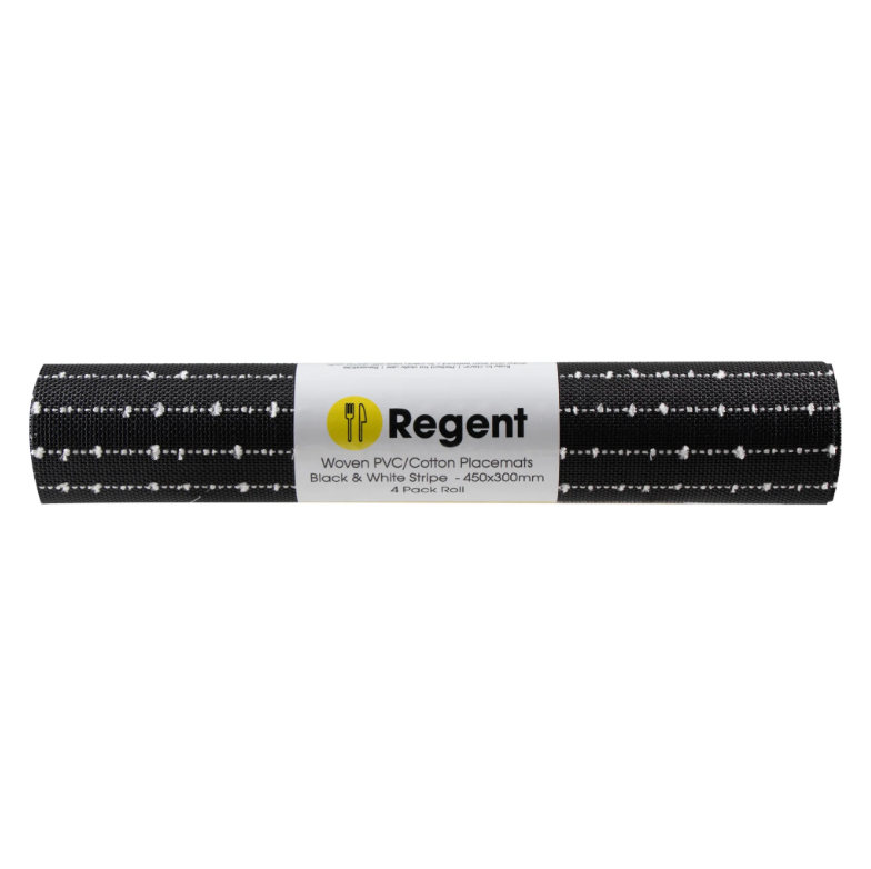 Regent Place mats PVC with Cotton Weave Black and White 4 Pack Roll