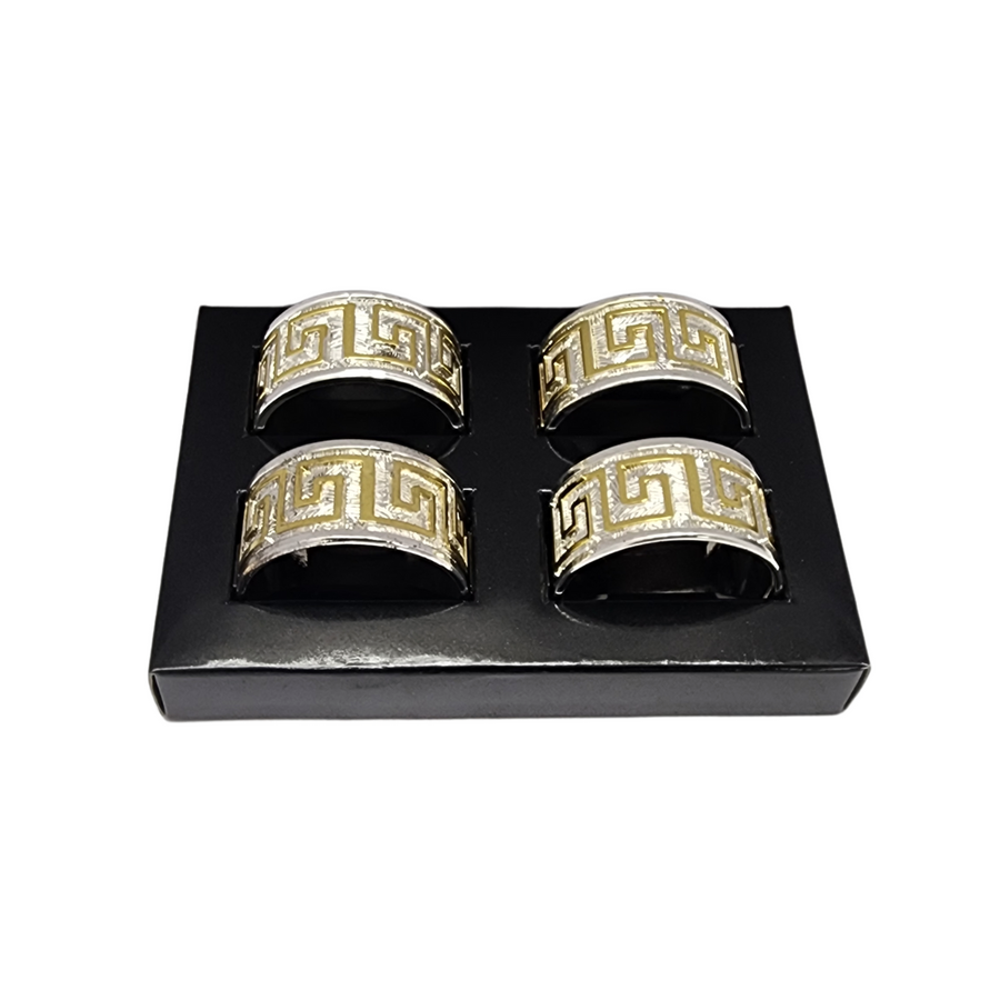 Diamond Napkin Ring Holders Silver with Gold Stainless Steel 4pc Set SGN798