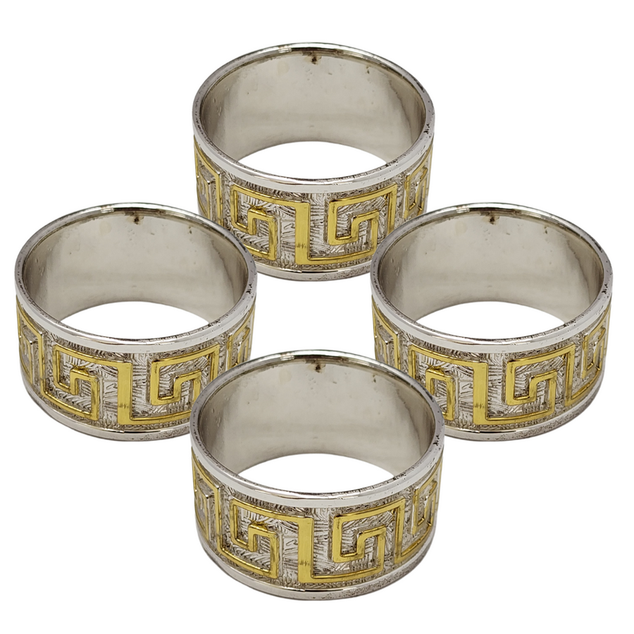 Diamond Napkin Ring Holders Silver with Gold Stainless Steel 4pc Set SGN798