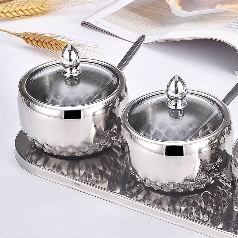 Condiment Container Jars 3pc Set - Stainless Steel with Spoon & Glass Lid