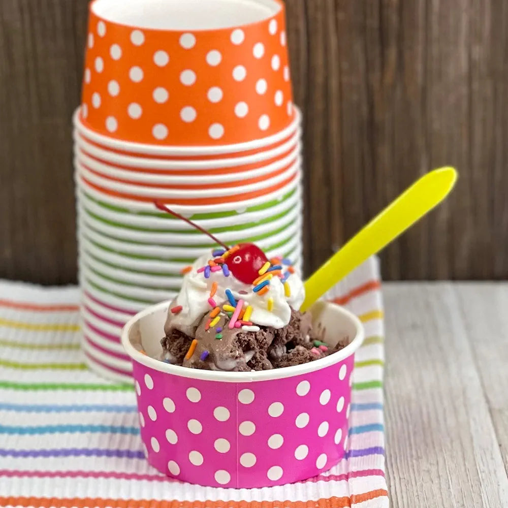 Ice Cream Paper Cups 180ml Polka Dot with Wooden Spoon 6pack