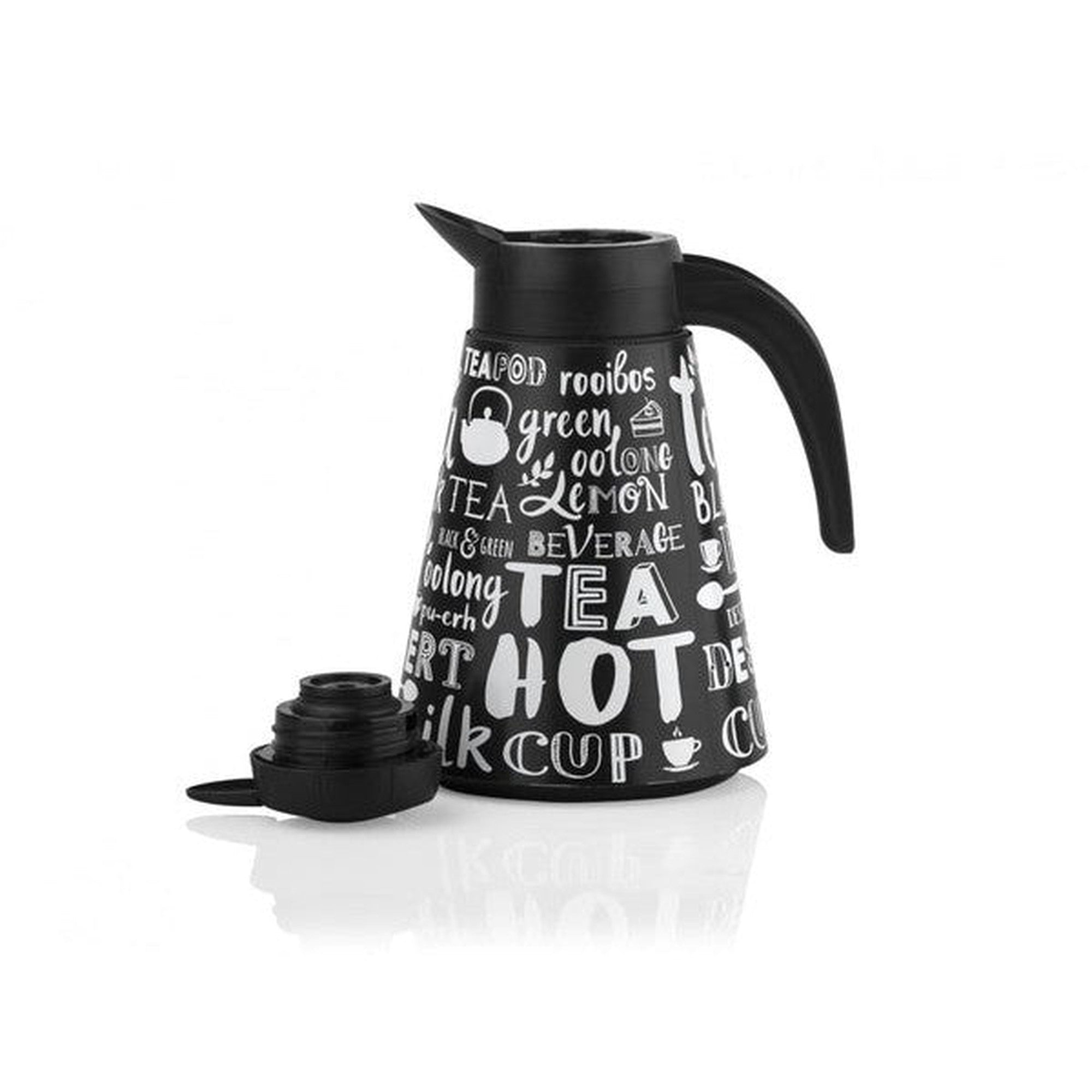 Conical Vacuum Thermal Flask 1.2L Teapot Black Print Decorated