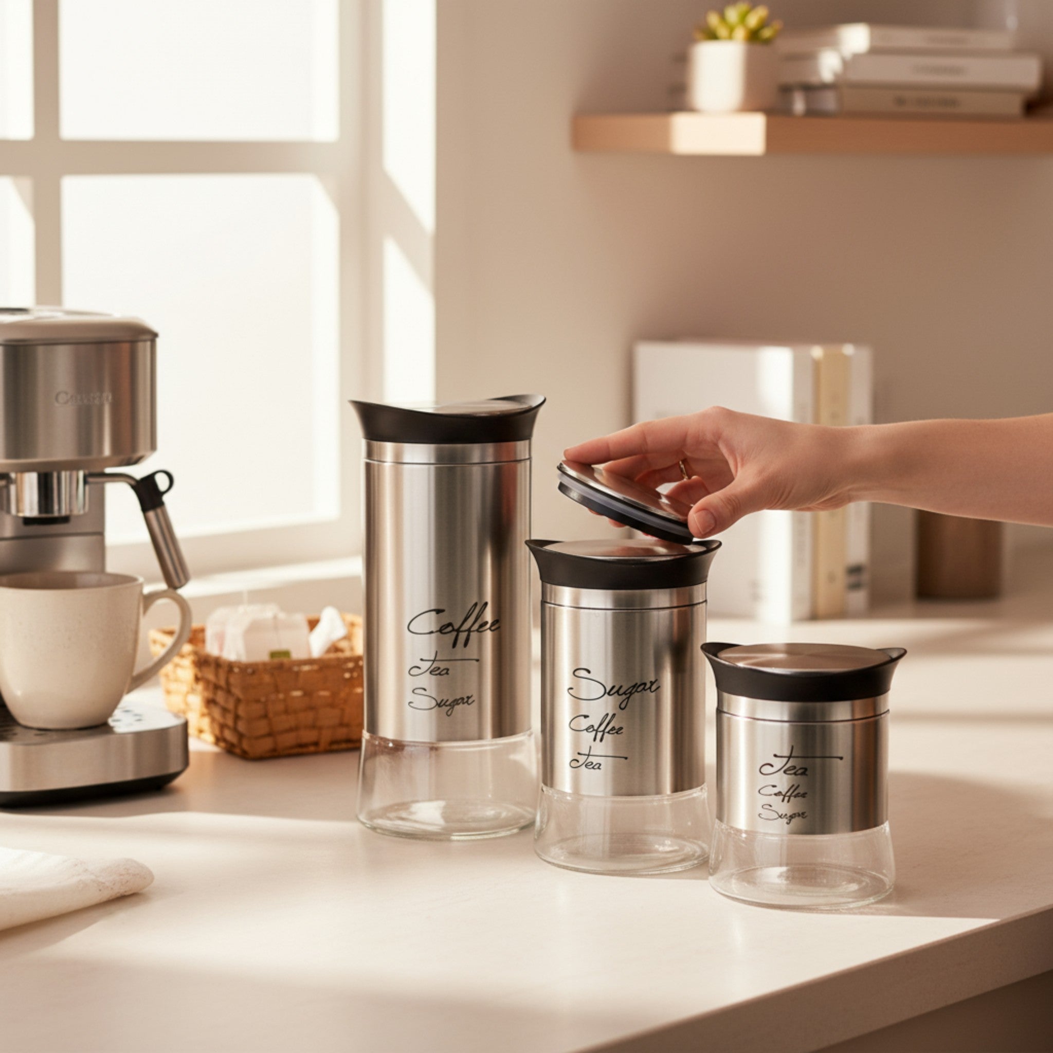 Glass Canister Set 3pc Tea/Coffee/Sugar Stainless Steel Outer SGN1777