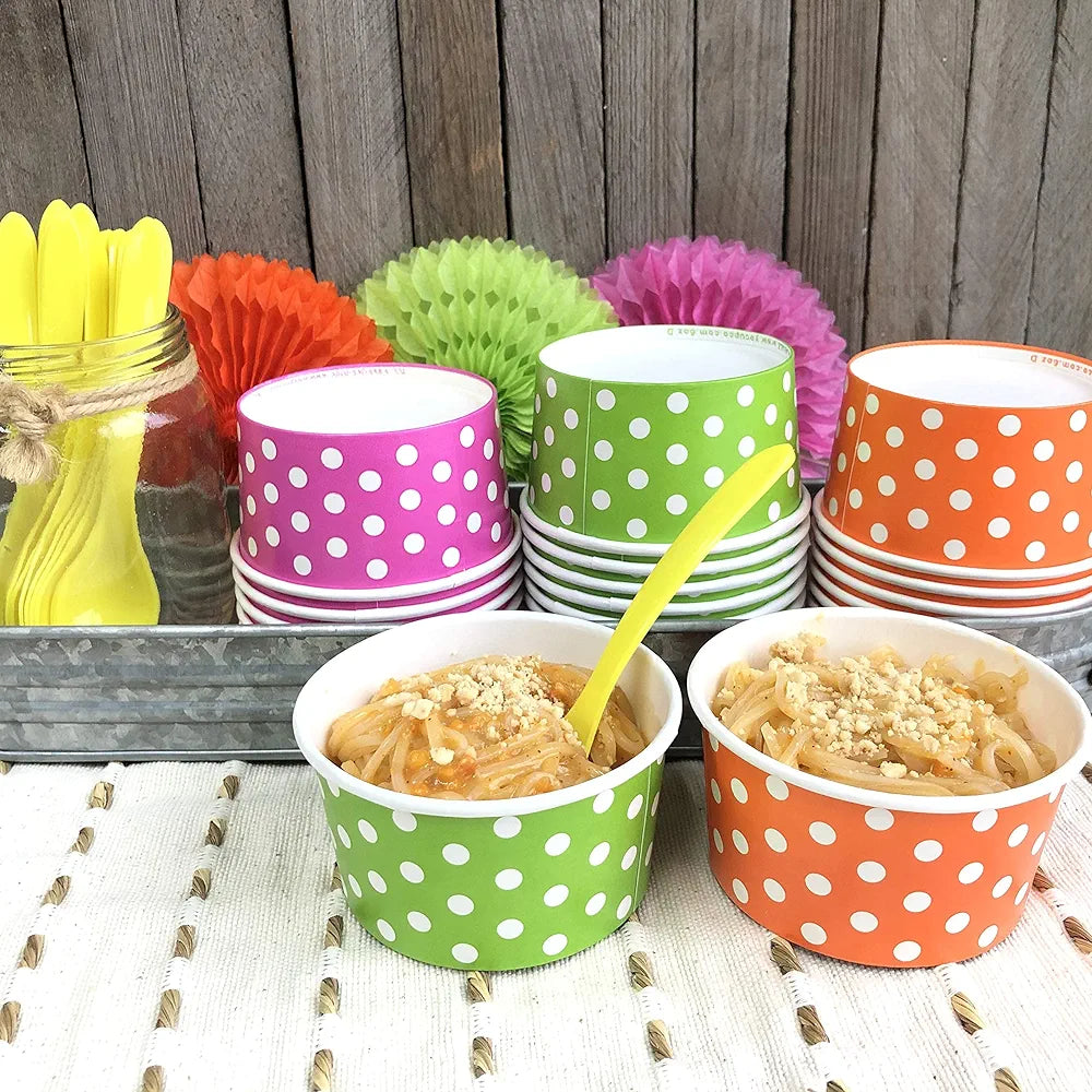 Ice Cream Paper Cups 180ml Polka Dot with Wooden Spoon 6pack