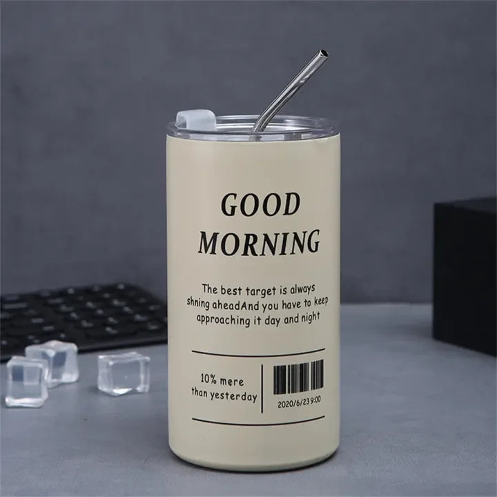 600ml Americano Double-layer Iced Coffee Cup Thermoses Stainless Steel With Straw Vacuum Flask Cup 8.5x16cm