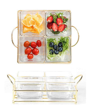 Aqua 4 Piece Glass Snack Bowl Set 250ml with Gold Serving Tray 27602