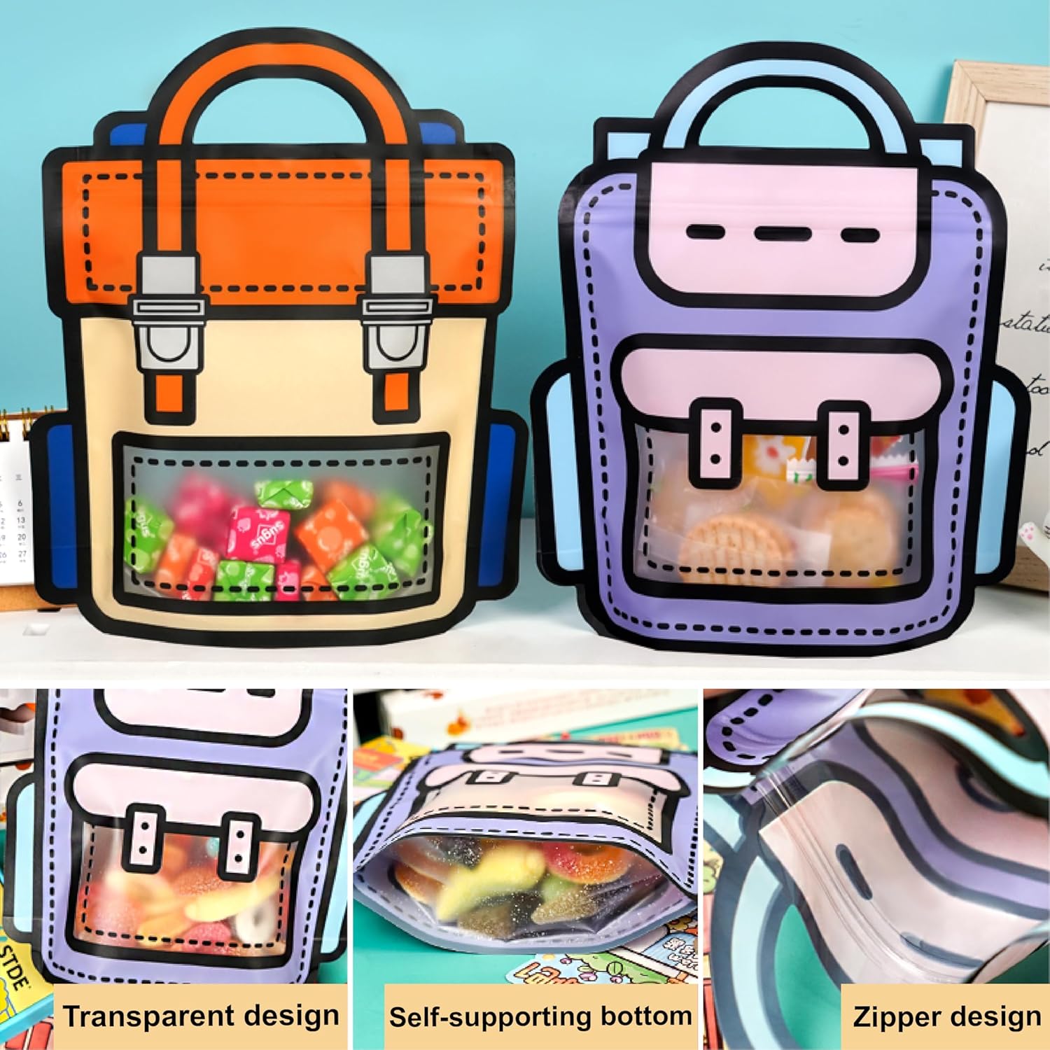 Backpack Zip Lock Goodie Bags Reusable 2D Print with Handle 10pack