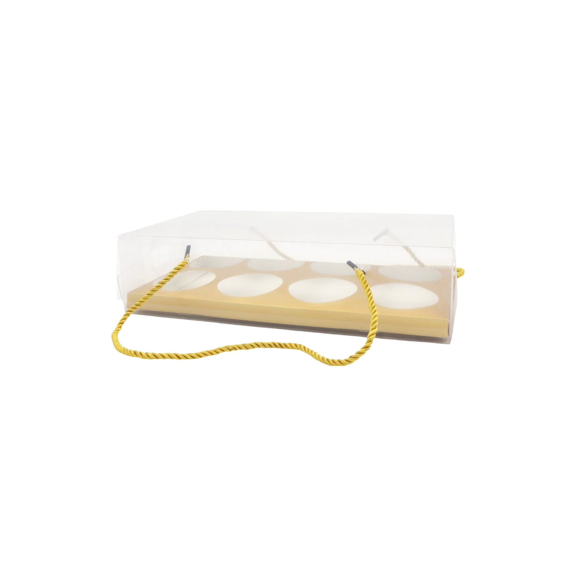 PVC Cup Cake Gift Box 8-Division with Gold Cardboard Base Cutouts & String 29x7.8cm