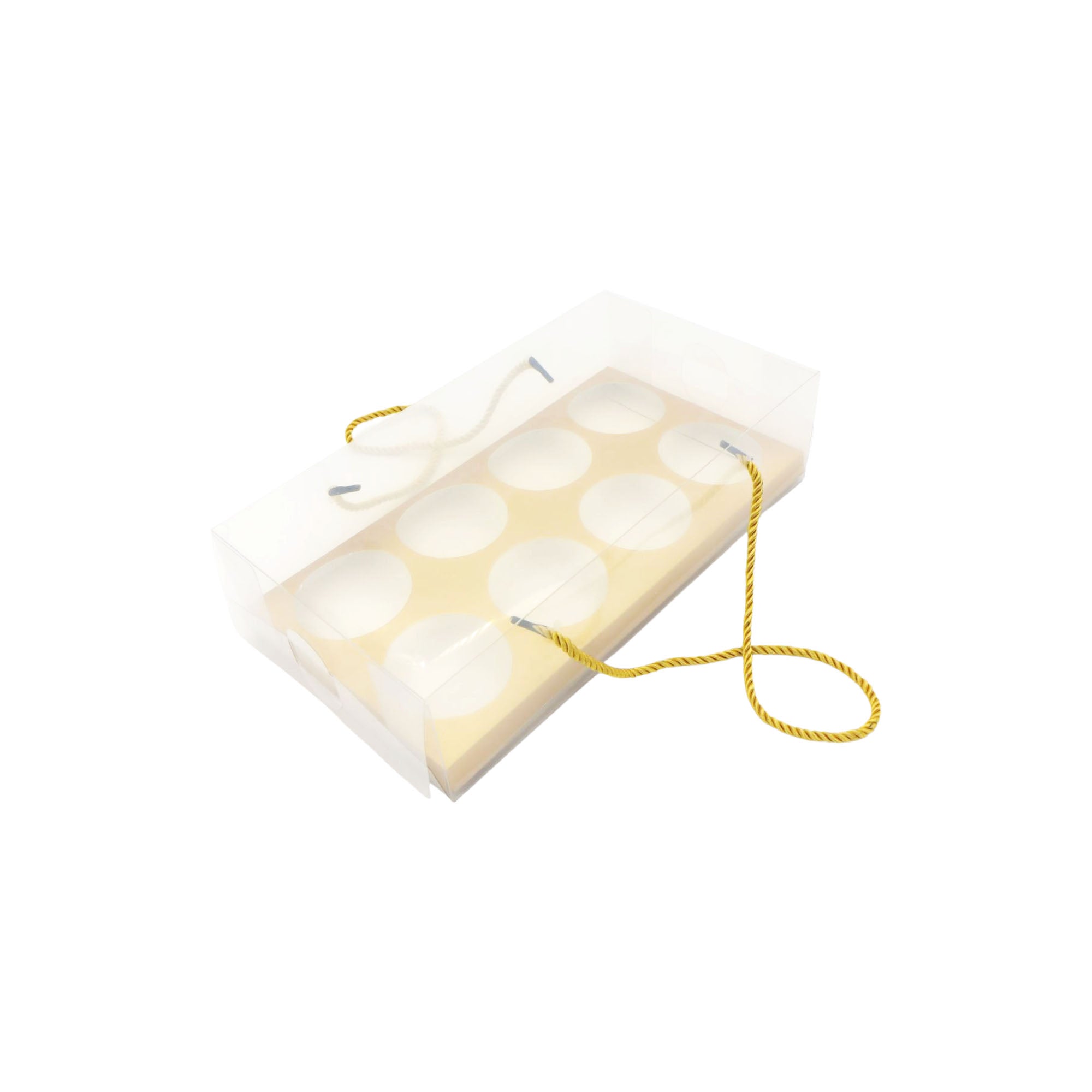 PVC Cup Cake Gift Box 8-Division with Gold Cardboard Base Cutouts & String 29x7.8cm
