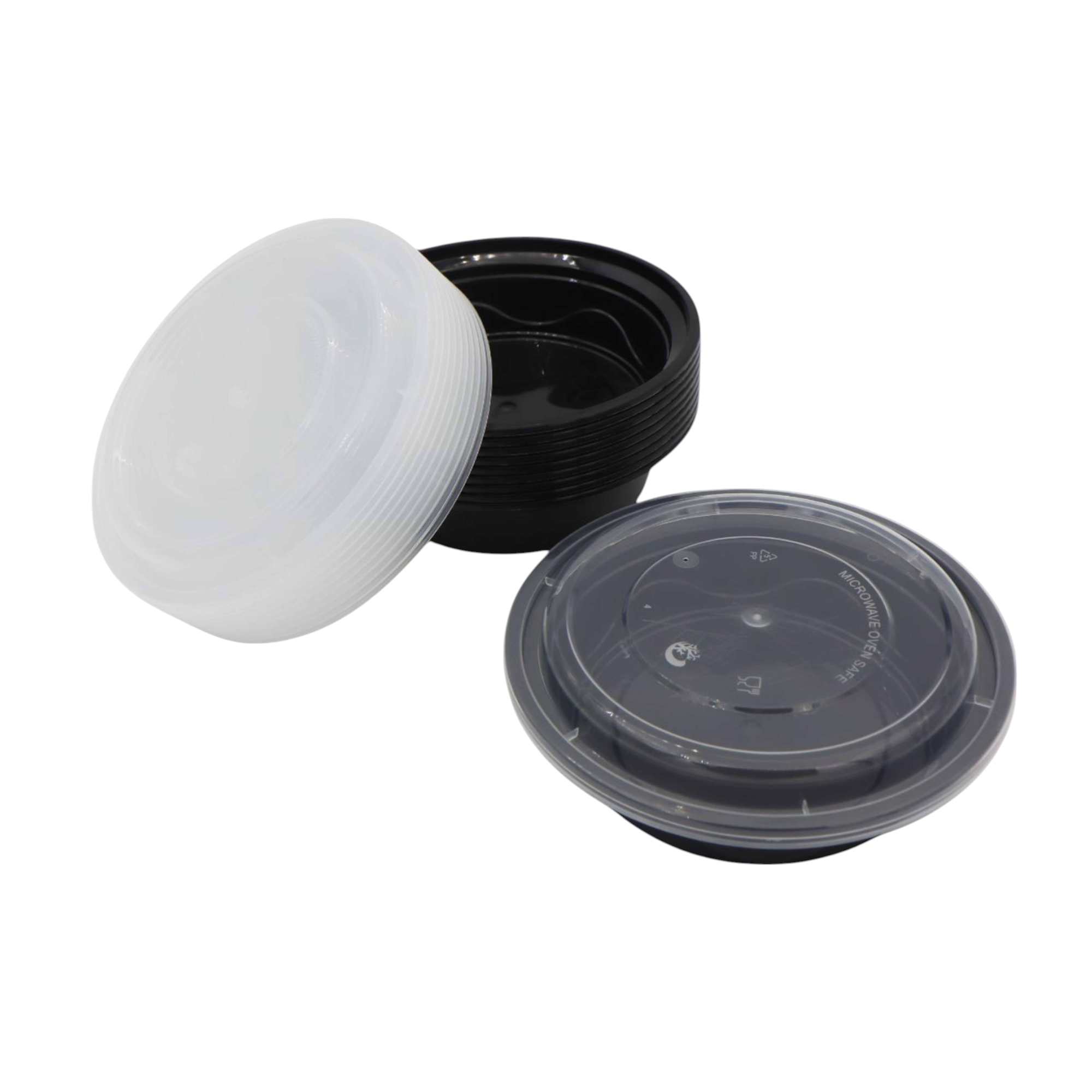Microwavable Takeaway Food Bowl - Black Base Round PP Plastic Container Lunch Box with Lid 10pack