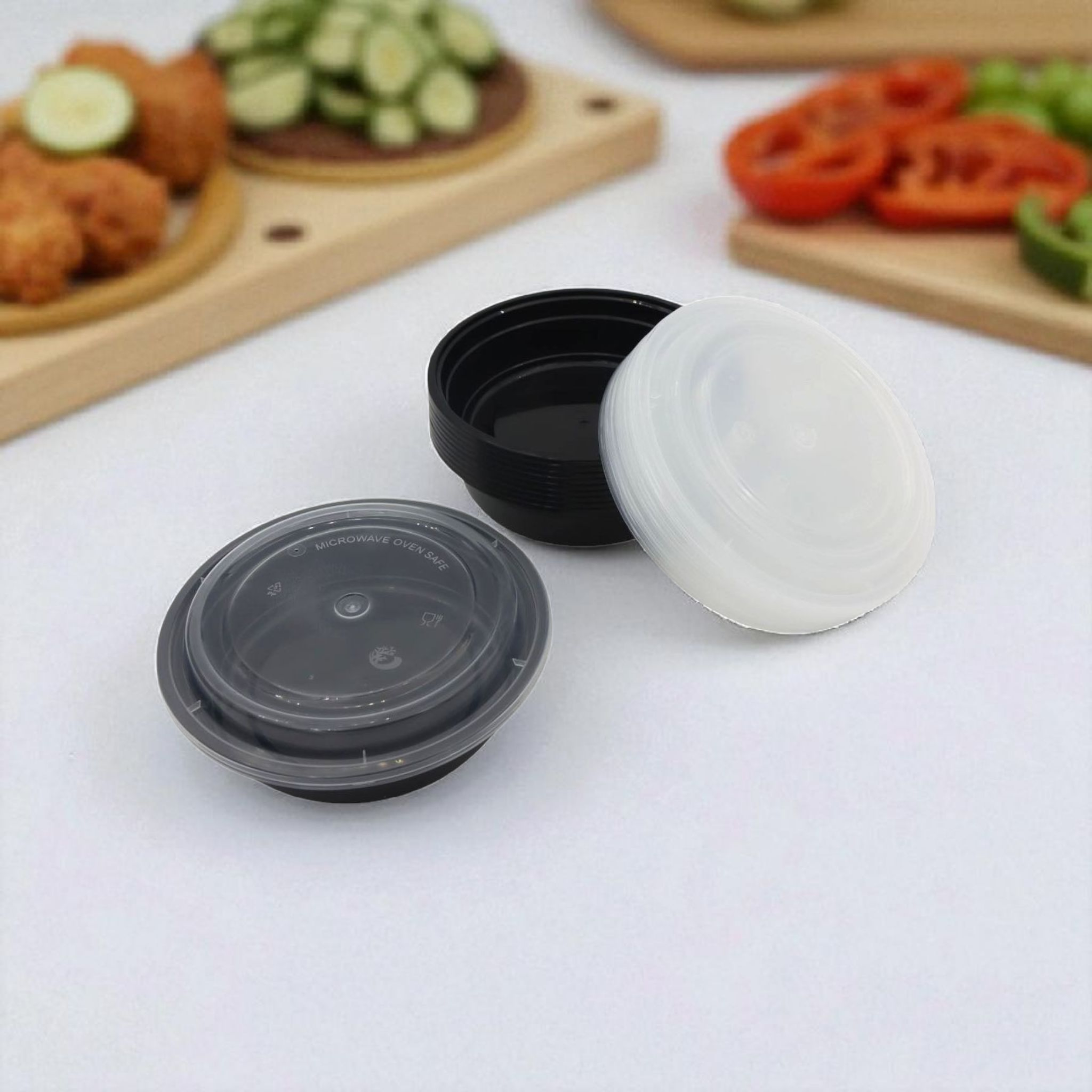 Microwavable Takeaway Food Bowl 17.5x4cm - Black Base Round PP Plastic Container Lunch Box with Lid Biodegradable Eco Friendly 10pack