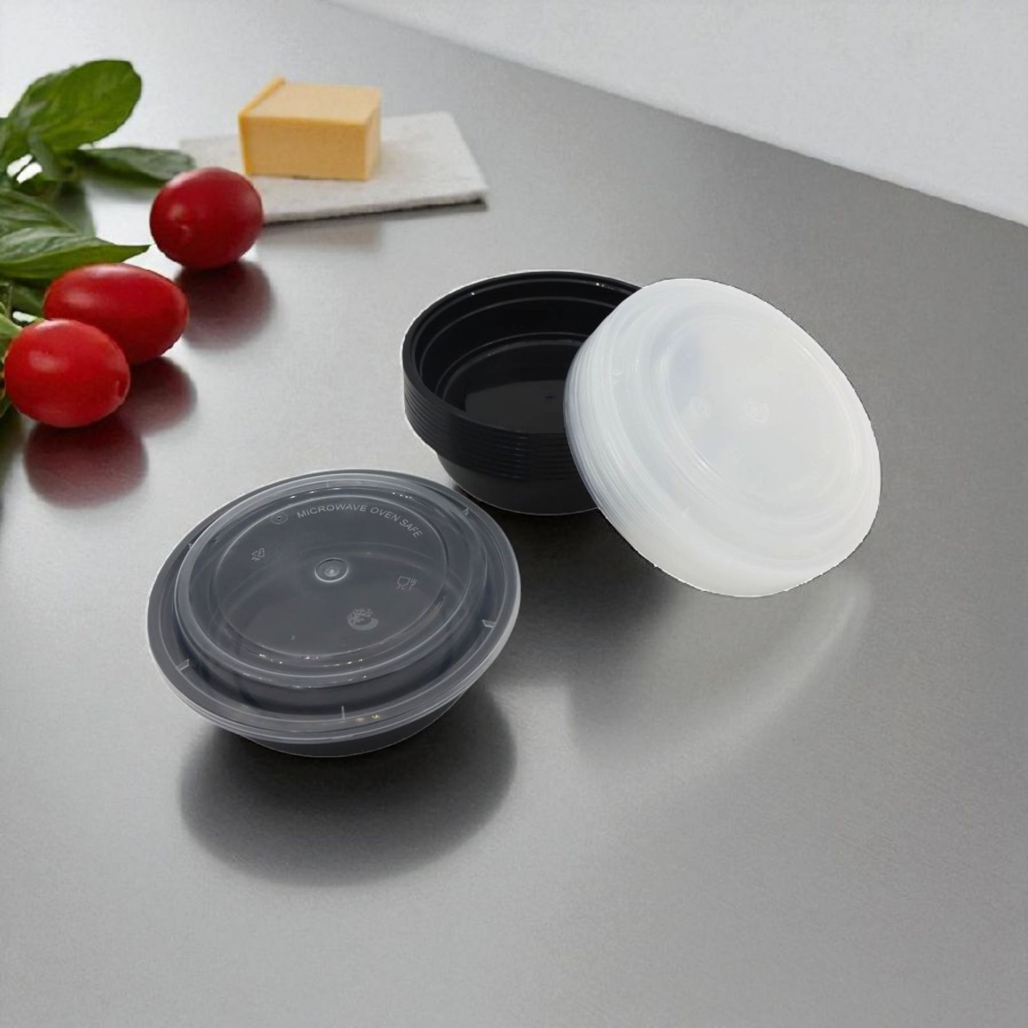 Microwavable Takeaway Food Bowl 17.5x4cm - Black Base Round PP Plastic Container Lunch Box with Lid Biodegradable Eco Friendly 10pack