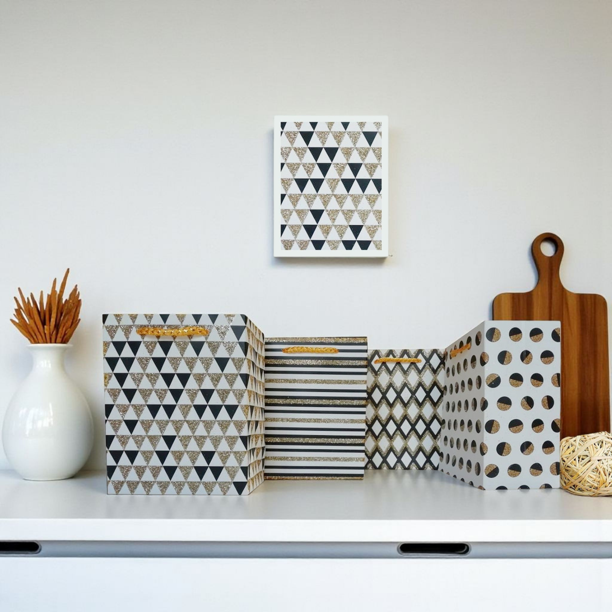 Designer Gift Paper Bag Tinsel Black Gold 11x14cm Small Mini