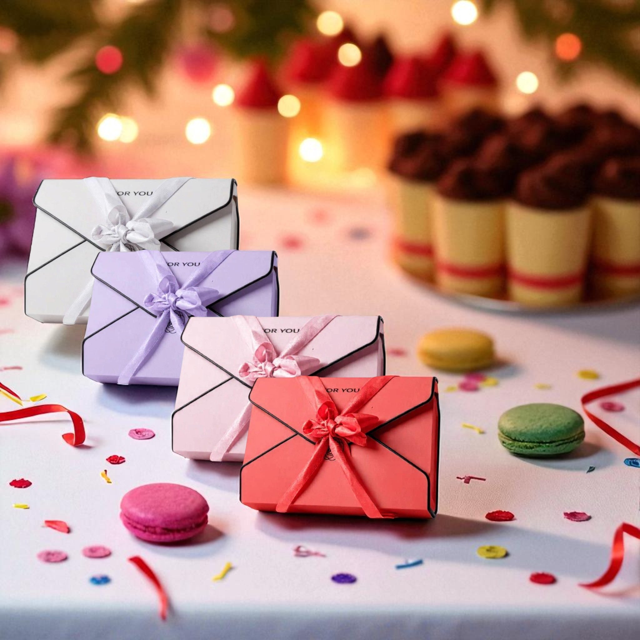 Luxury Macaron Gift Box 6-Division with Ribbon 25x17x6cm - For You Text