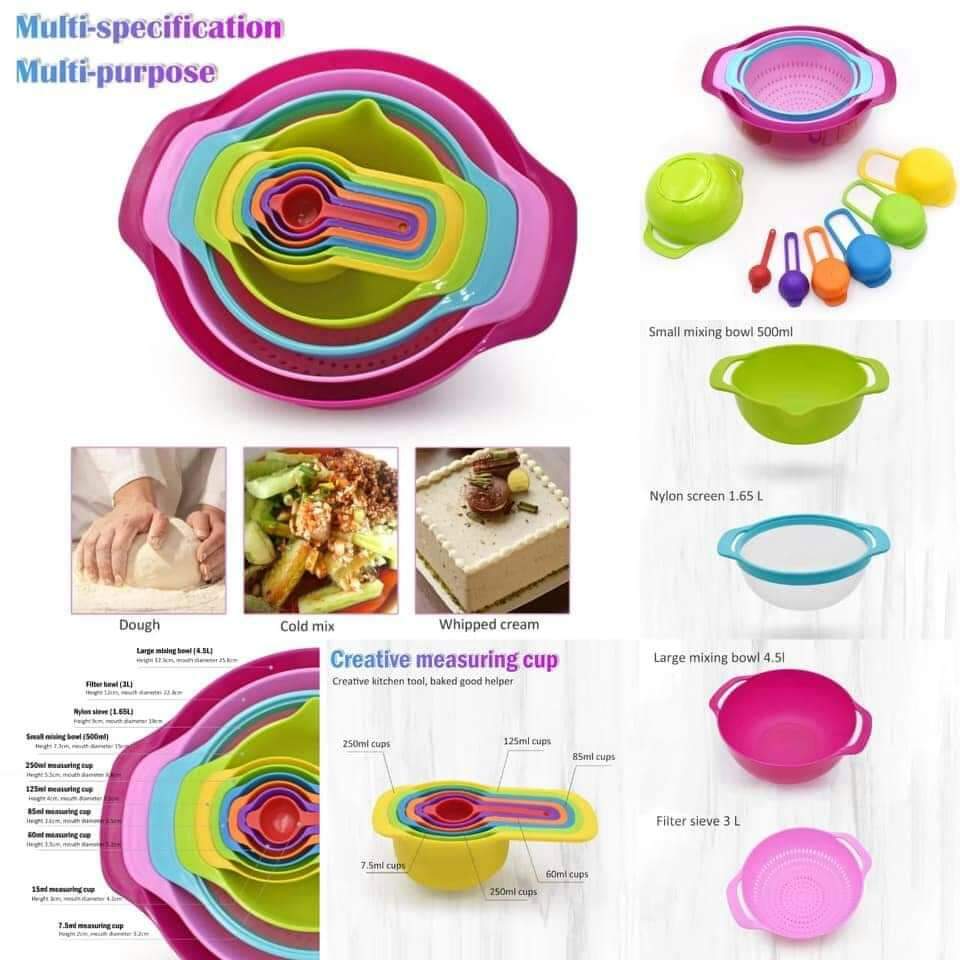 Rainbow Mixing Bowl Sieve & Measuring Spoon Utility 8pc Set