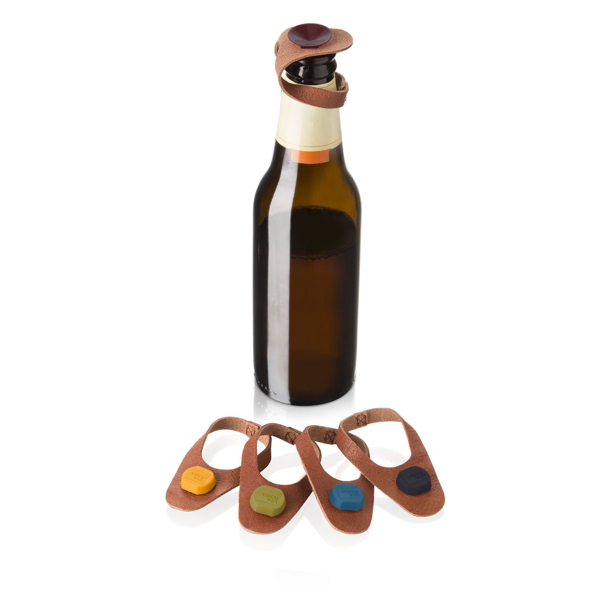 Vacu Vin Beer Bottle Marker and Stopper Leather Set Of 6