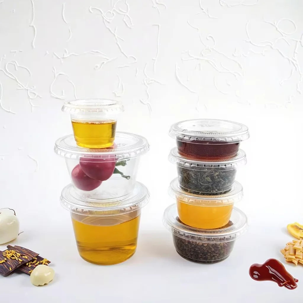 Disposable PP Takeaway Sauce Tubs Round 60ml - Plastic Dipping Container with Lid 100pack