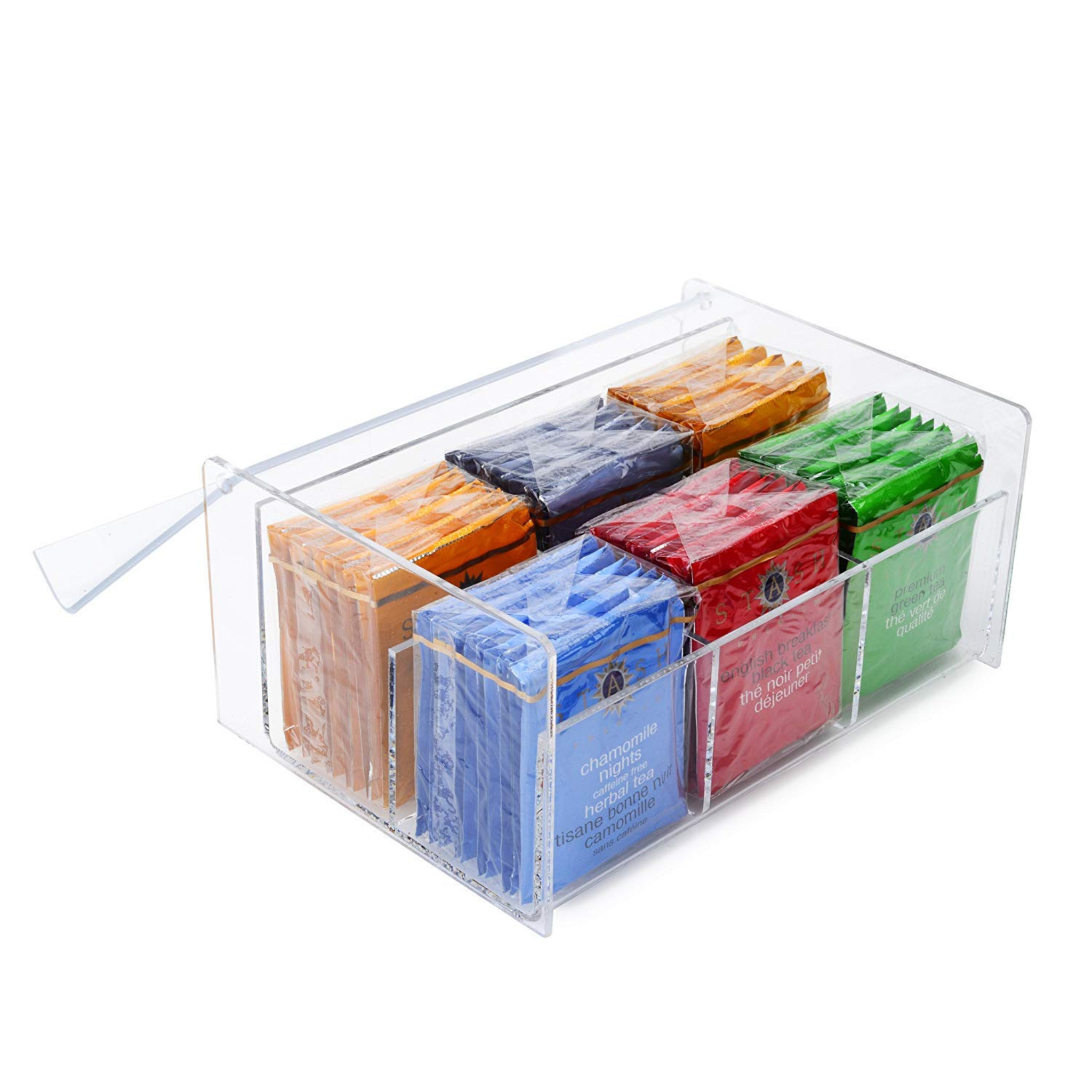 Modern Tea Storage Box 3-Compartments Organizer with Lid - Clear Acrylic Plastic