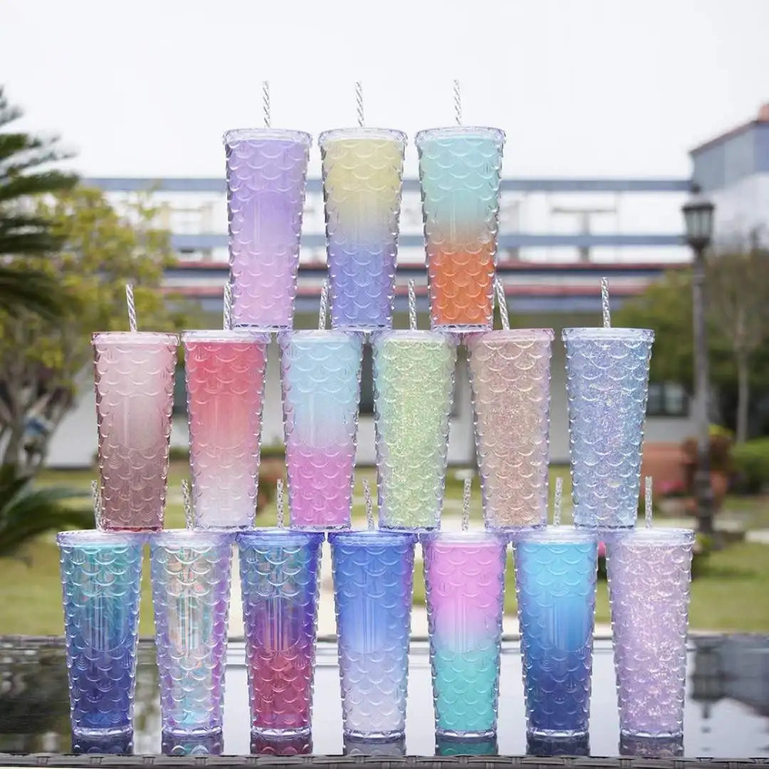 710ml Acrylic Drinking Tumbler Gradient-Coloured Fish Scale Patterned Sippy Cup 23x10.5cm