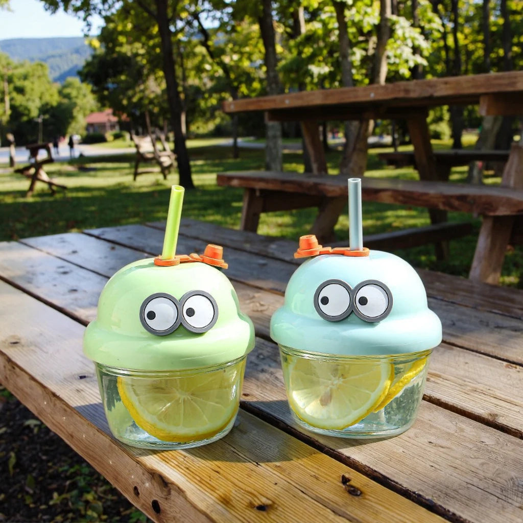 210ml Creative Mini Cute Cartoon Glass Cup with Straw  10cm