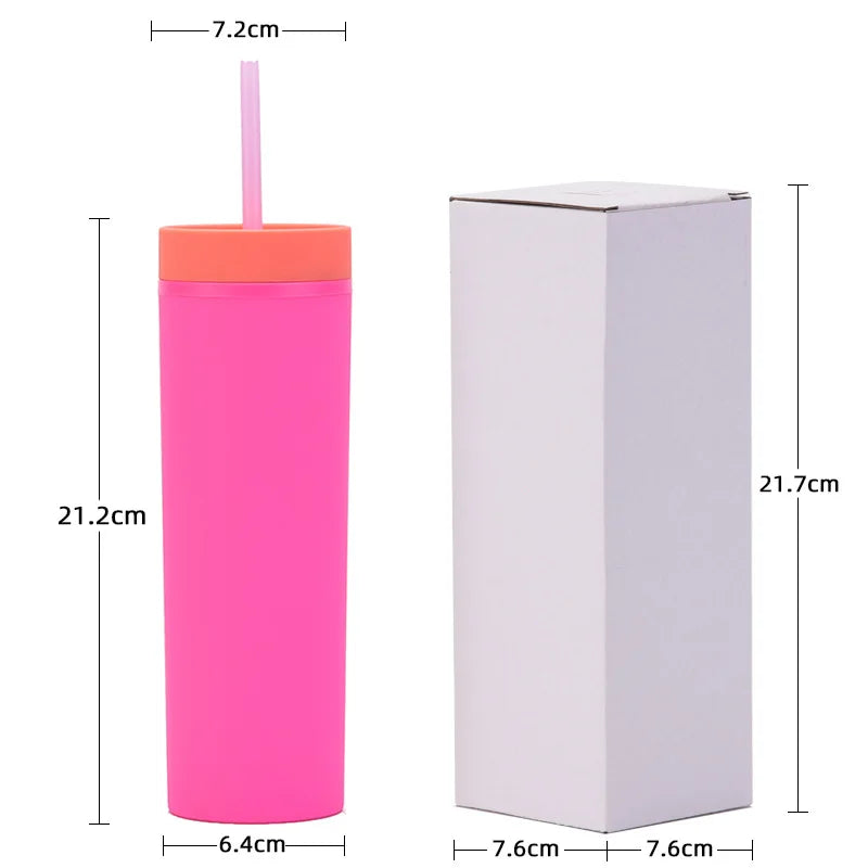 473ml Skinny Drinking Tumbler Acrylic Reusable with Inverted Color Lid and Straw 7x21cm