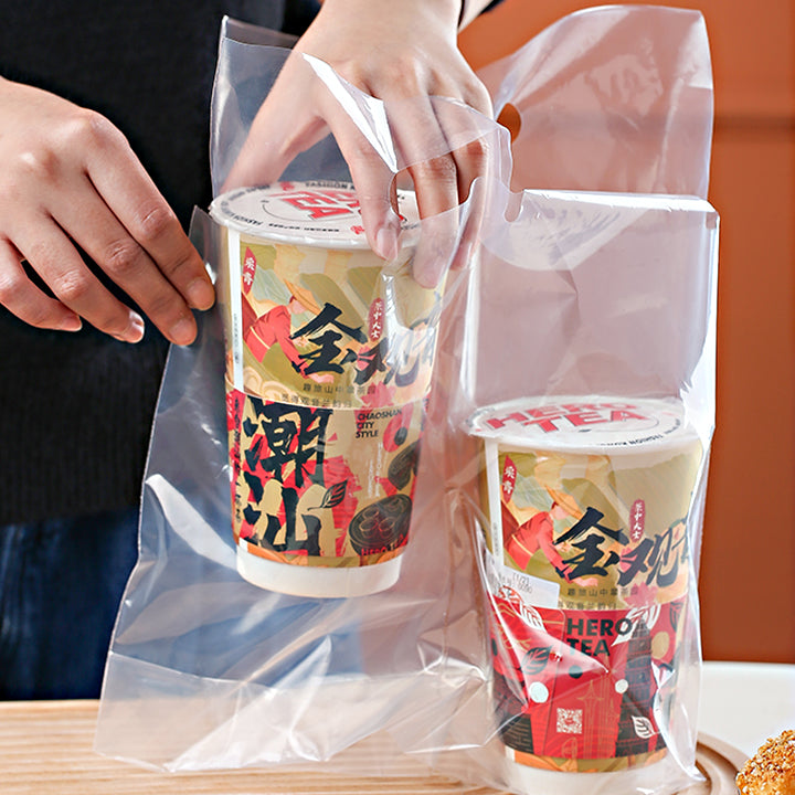 Disposable Bubble Tea-Coffee Plastic Carrier Bag Clear - 12microns 50pcs