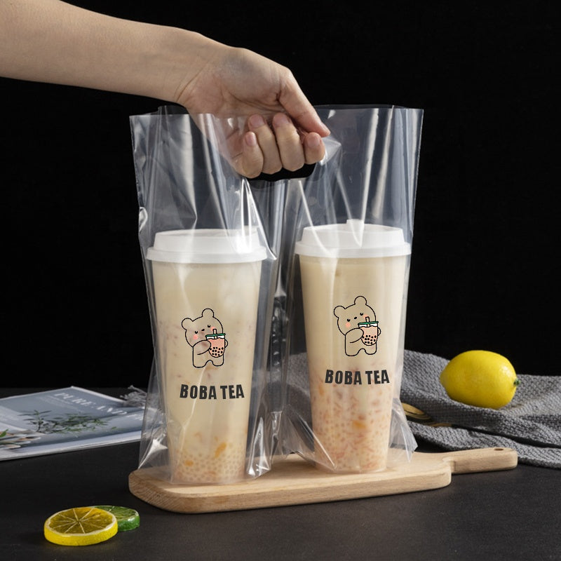 Disposable Bubble Tea-Coffee Plastic Carrier Bag Clear - 12microns 50pcs